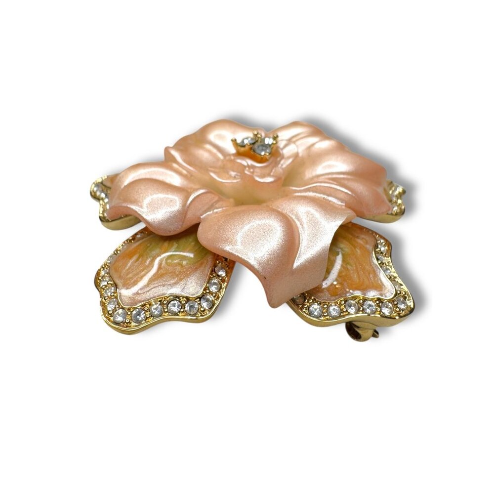 Nolan Miller Peach Gardenia Layered Enamel Lucite Flower Brooch Necklace Enhance - Picture 9 of 11